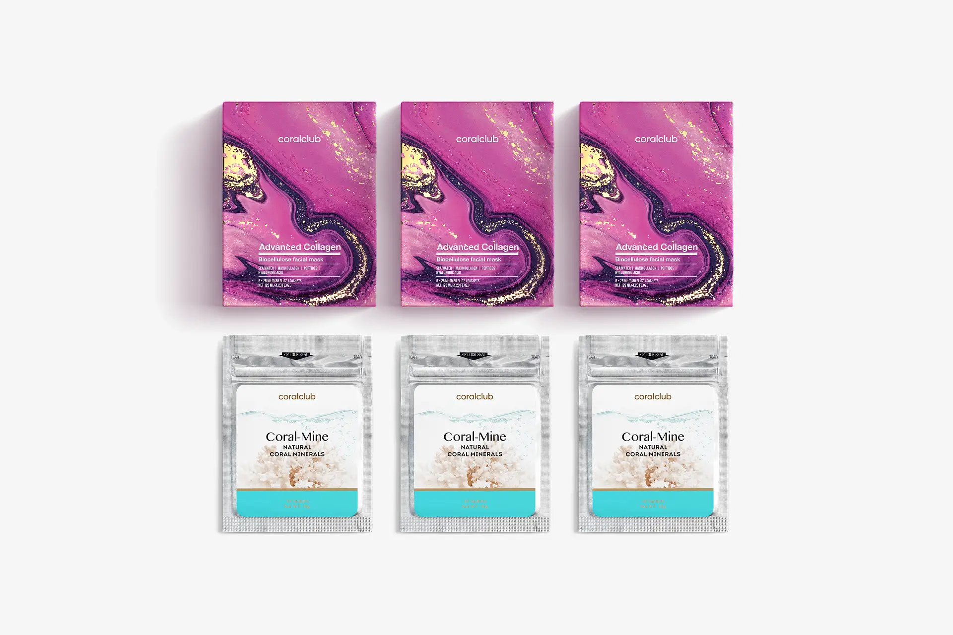 Advanced Collagen Biocellulose facial mask, 25 ml, 15 Sachets + Coral-Mine, 30 sachets 1 g